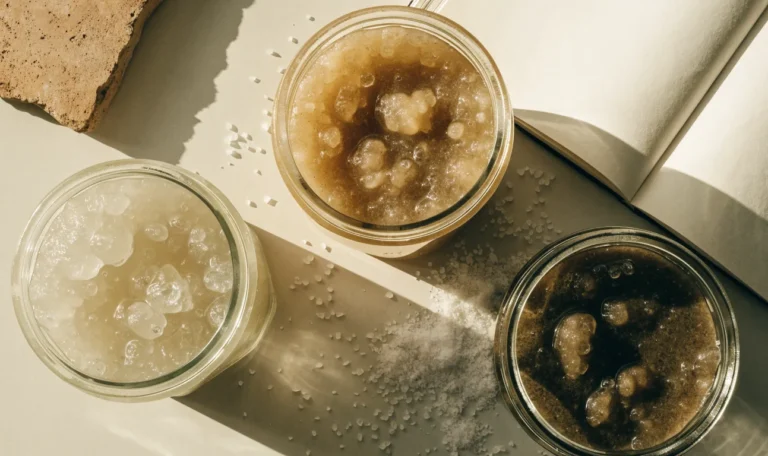 An unbranded flat lay comparing three plain glass jars of sea moss gel of different shades on a pale cream surface with a notebook, illustrating st lucian sea moss company.