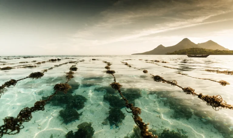 Turquoise Caribbean shallows with floating rope lines of wild sea moss, a small wooden boat, twin volcanic peaks and rainforest on the horizon, illustrating st lucian sea moss.
