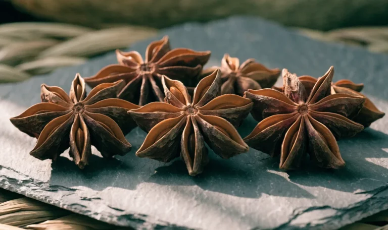 A close arrangement of whole eight-pointed star anise pods on a dark slate surface, warm side light, illustrating star anise plant for sale.
