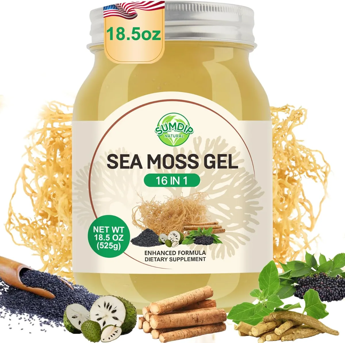 SumDIP sea moss gel container photographed against a plain background