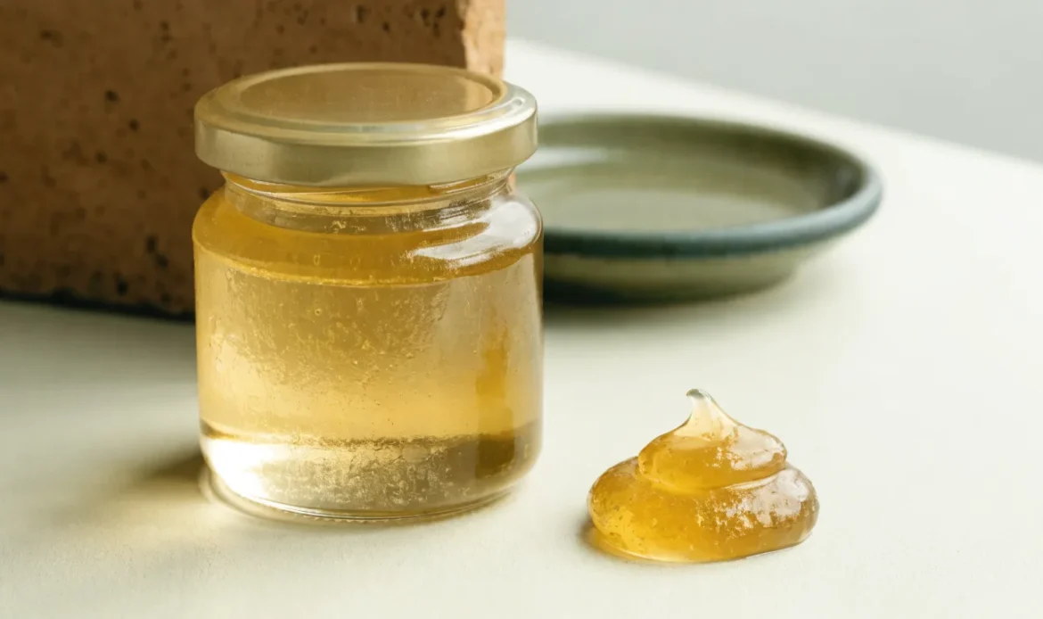 A small measured spoonful of golden sea moss gel beside a closed glass jar on a pale cream surface, restrained clinical styling, illustrating too much sea moss.