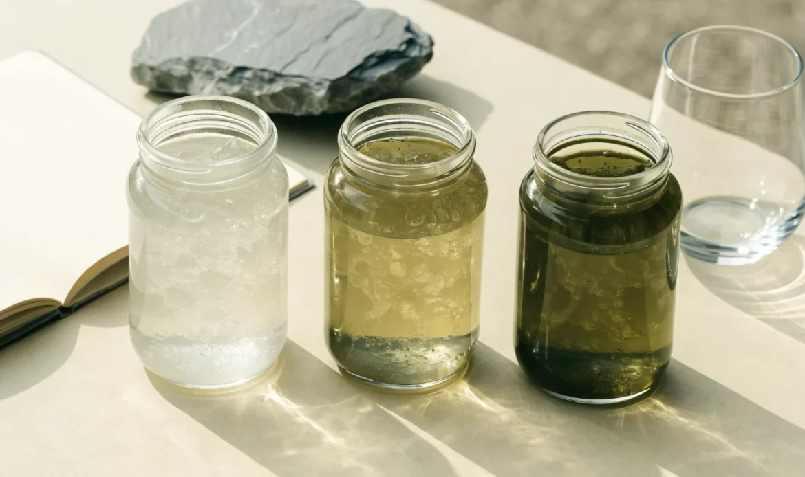 An unbranded flat lay comparing three plain glass jars of sea moss gel of different shades on a pale cream surface with a notebook, illustrating transformation factory sea moss.