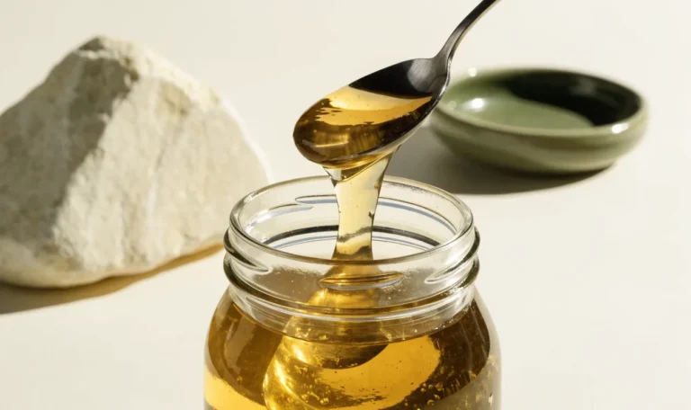 A clear glass jar of translucent golden sea moss gel with a spoon lifting a thick ribbon of it, cream backdrop, illustrating true sea moss gel.