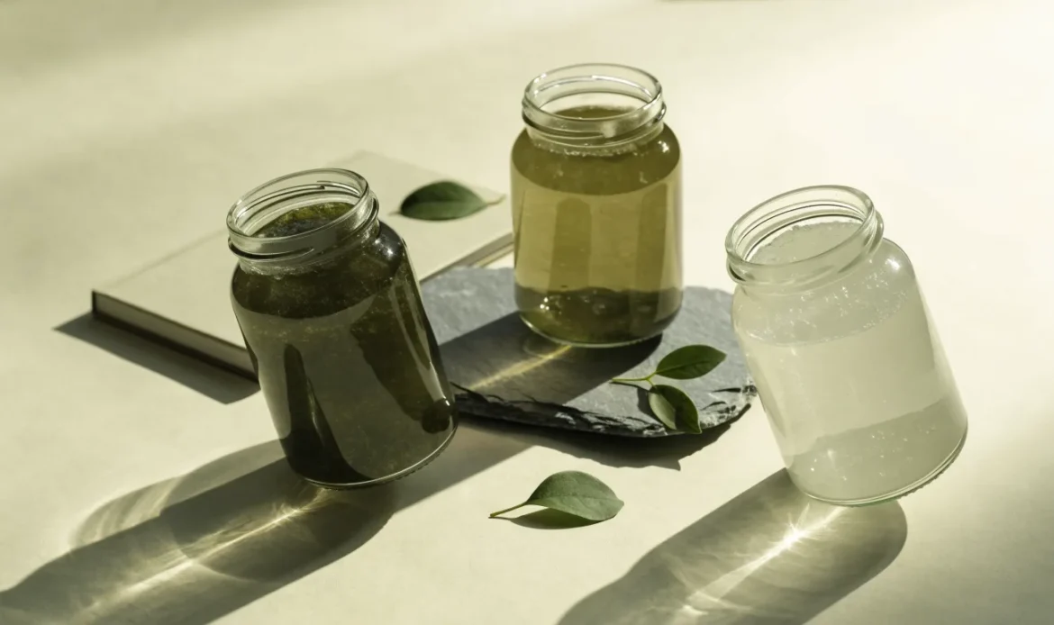 An unbranded flat lay comparing three plain glass jars of sea moss gel of different shades on a pale cream surface with a notebook, illustrating true sea moss.