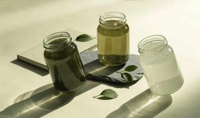 An unbranded flat lay comparing three plain glass jars of sea moss gel of different shades on a pale cream surface with a notebook, illustrating true sea moss.