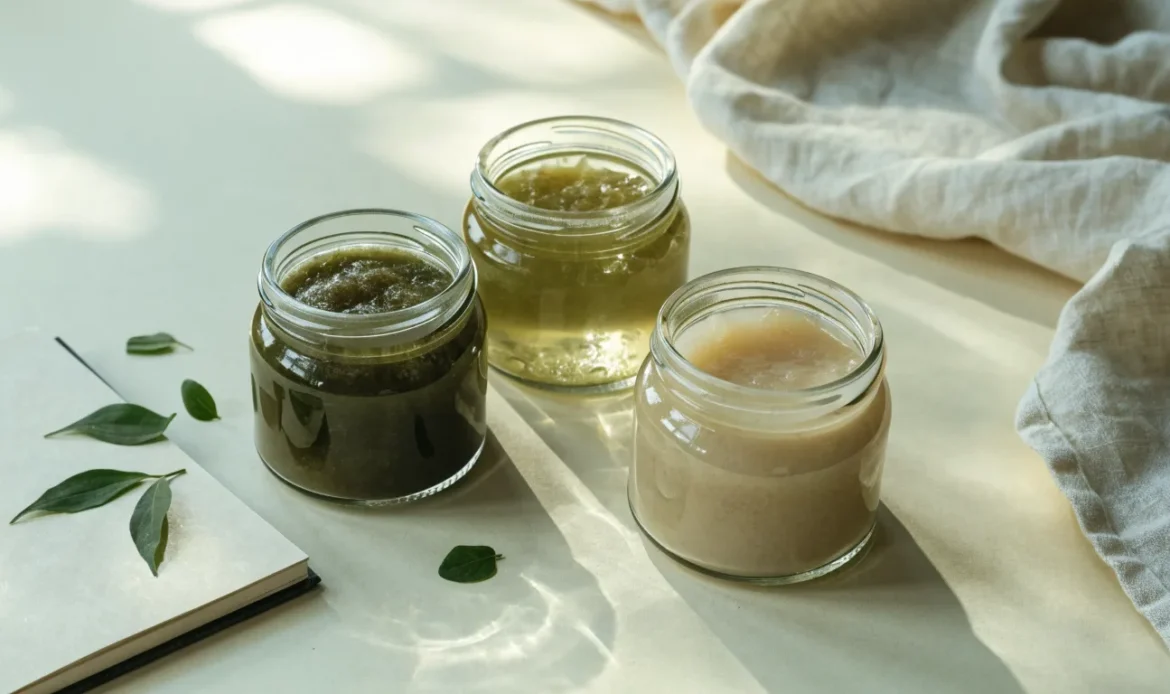 An unbranded flat lay comparing three plain glass jars of sea moss gel of different shades on a pale cream surface with a notebook, illustrating true sea moss near me.
