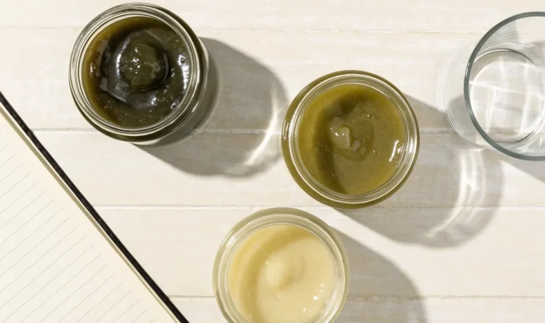 An unbranded flat lay comparing three plain glass jars of sea moss gel of different shades on a pale cream surface with a notebook, illustrating true sea moss recall.