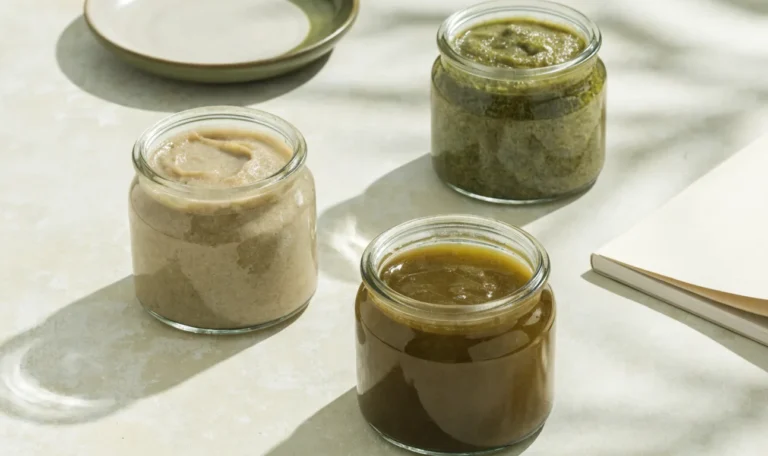 An unbranded flat lay comparing three plain glass jars of sea moss gel of different shades on a pale cream surface with a notebook, illustrating true sea moss reviews.