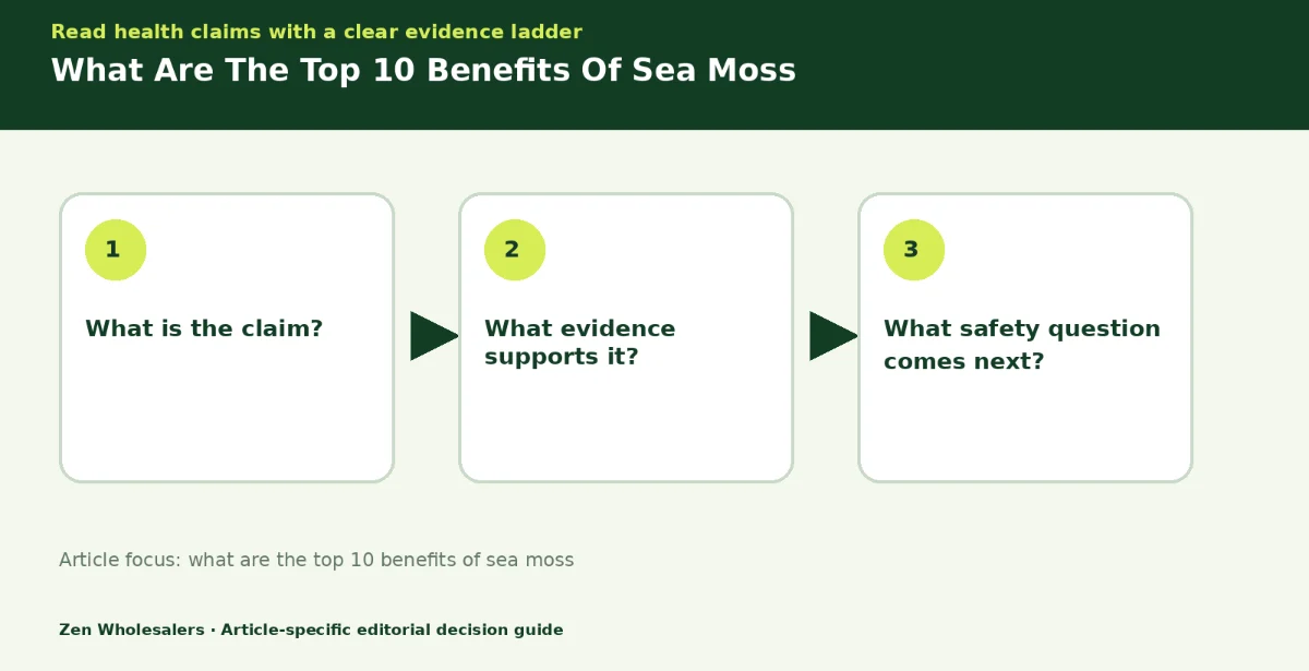 Decision guide diagram summarising what are the top 10 benefits of sea moss in three steps for Zenwholesalers readers