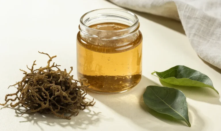 A still life of a glass jar of golden sea moss gel, a small pile of dried wildcrafted sea moss and fresh green leaves on a pale cream surface, illustrating what are the top 10 benefits of sea moss.