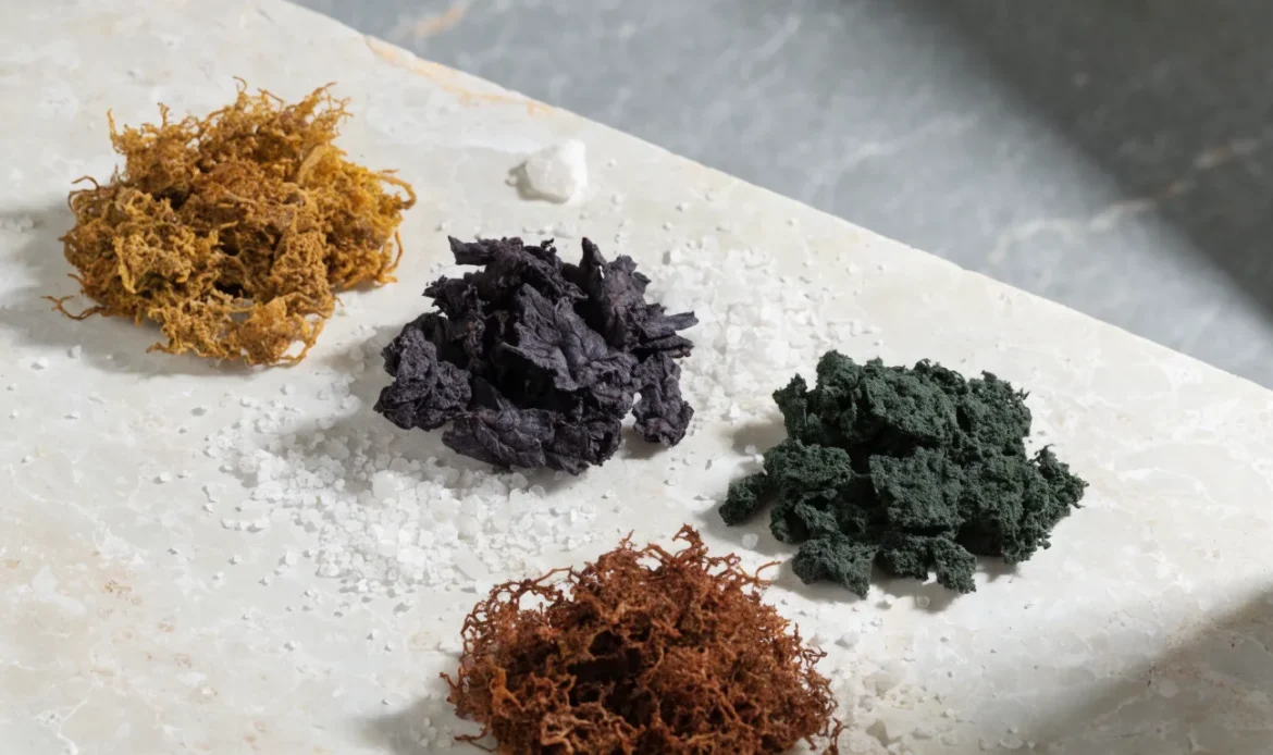 An overhead arrangement of four small piles of dried sea moss in gold, purple, green and reddish shades on a cream stone surface, illustrating what does sea moss look like.