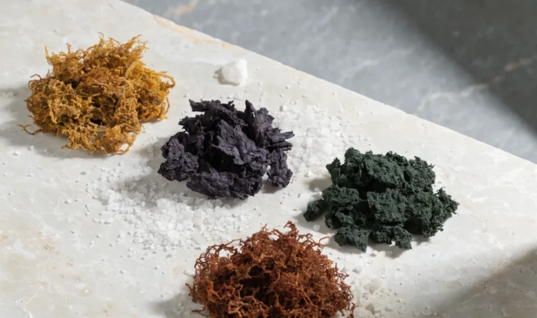 An overhead arrangement of four small piles of dried sea moss in gold, purple, green and reddish shades on a cream stone surface, illustrating what does sea moss look like.