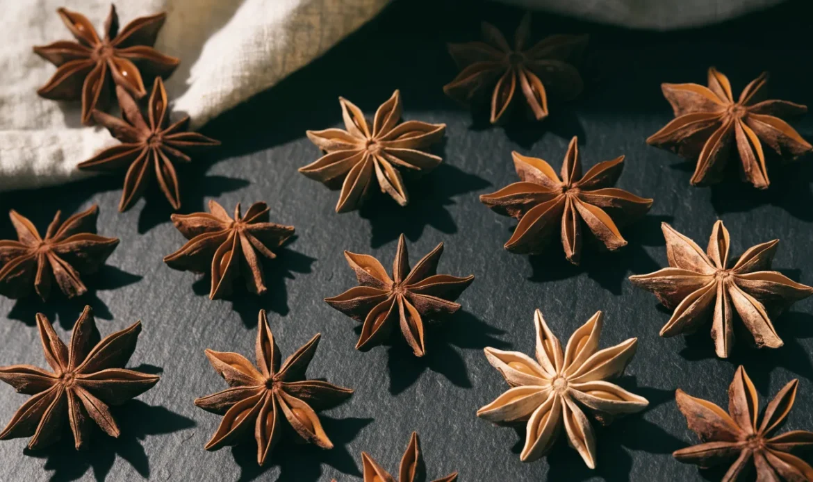 A close arrangement of whole eight-pointed star anise pods on a dark slate surface, warm side light, illustrating what is a pod of star anise.