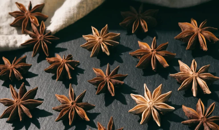 A close arrangement of whole eight-pointed star anise pods on a dark slate surface, warm side light, illustrating what is a pod of star anise.