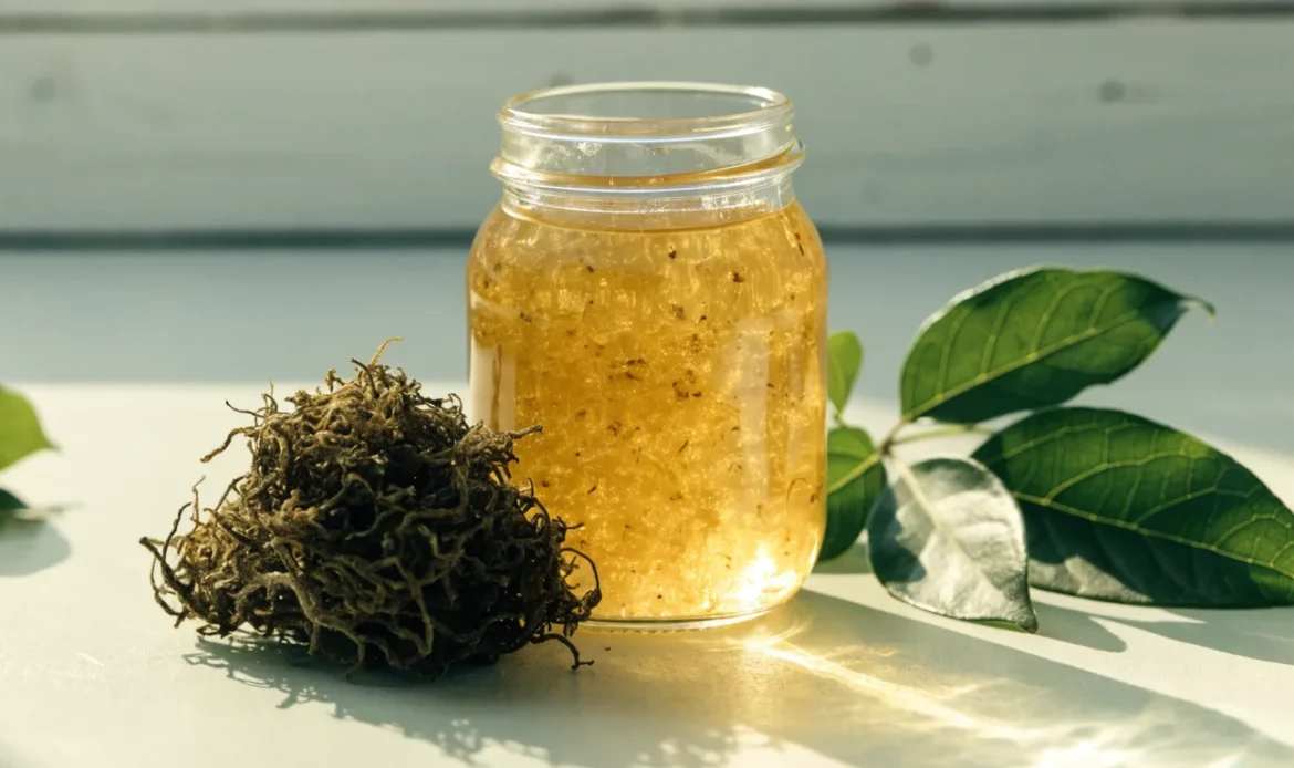 A still life of a glass jar of golden sea moss gel, a small pile of dried wildcrafted sea moss and fresh green leaves on a pale cream surface, illustrating what is in sea moss.