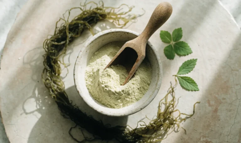 A bowl of fine pale green seaweed powder with a wooden scoop, dried sea moss strands scattered around it, illustrating what is raw sea moss powder.