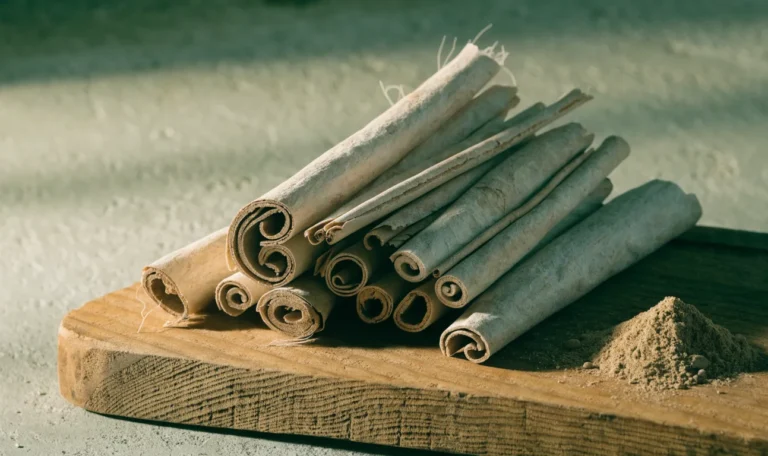 A loose bundle of pale, fragile, many-layered Ceylon cinnamon quills on a rustic wooden board with a small heap of ground cinnamon, illustrating what is salon cinnamon.