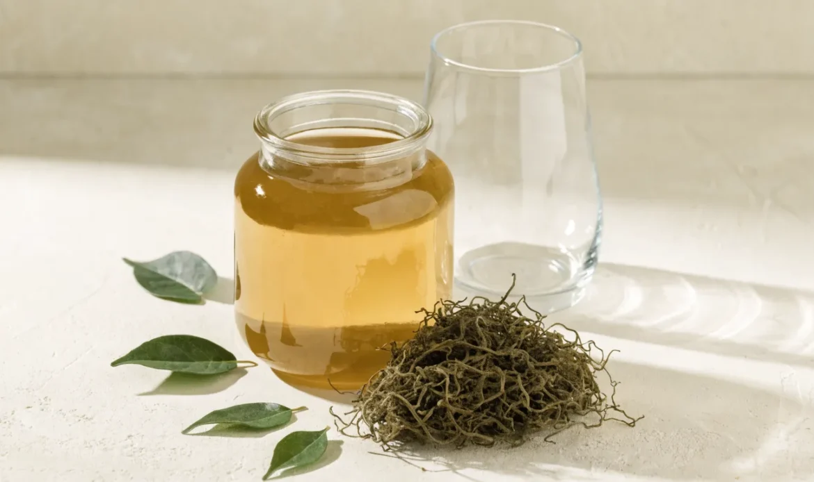 A still life of a glass jar of golden sea moss gel, a small pile of dried wildcrafted sea moss and fresh green leaves on a pale cream surface, illustrating what is the best sea moss.