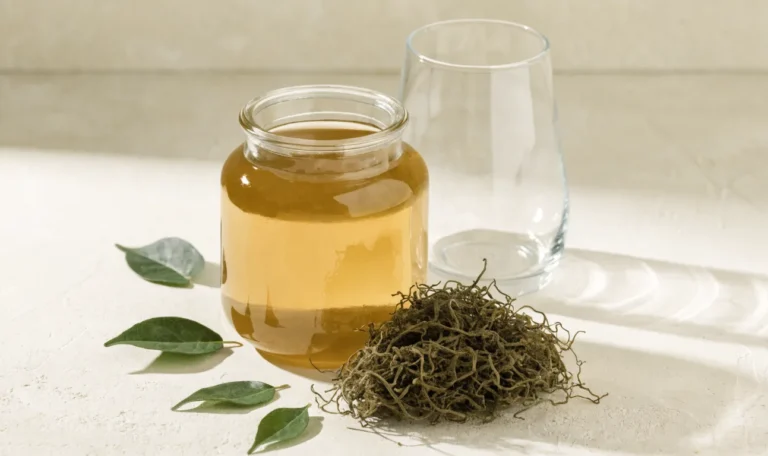 A still life of a glass jar of golden sea moss gel, a small pile of dried wildcrafted sea moss and fresh green leaves on a pale cream surface, illustrating what is the best sea moss.