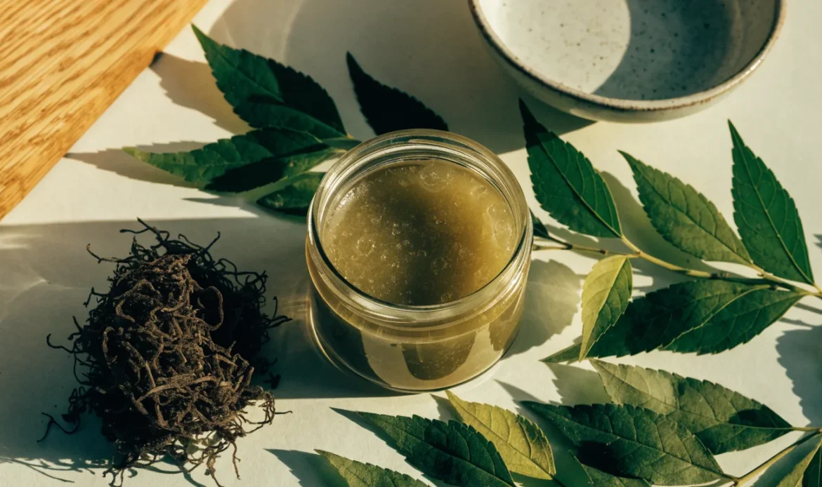 A still life of a glass jar of golden sea moss gel, a small pile of dried wildcrafted sea moss and fresh green leaves on a pale cream surface, illustrating what's sea moss good for.