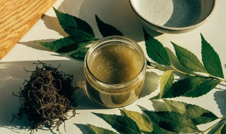 A still life of a glass jar of golden sea moss gel, a small pile of dried wildcrafted sea moss and fresh green leaves on a pale cream surface, illustrating what's sea moss good for.