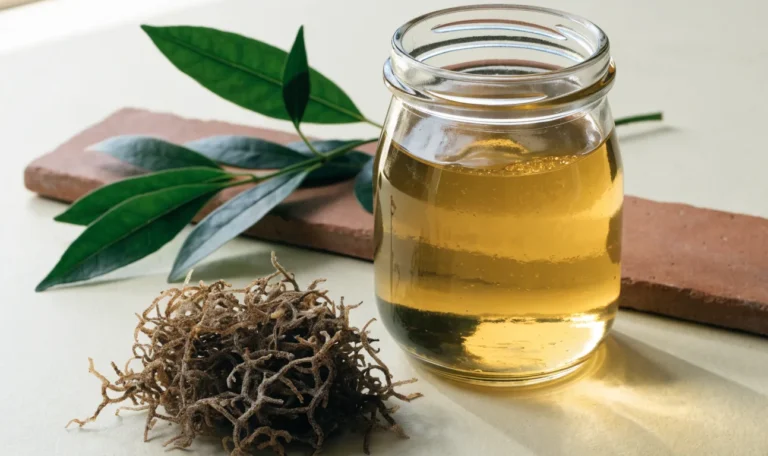 A still life of a glass jar of golden sea moss gel, a small pile of dried wildcrafted sea moss and fresh green leaves on a pale cream surface, illustrating what's the benefit of sea moss.