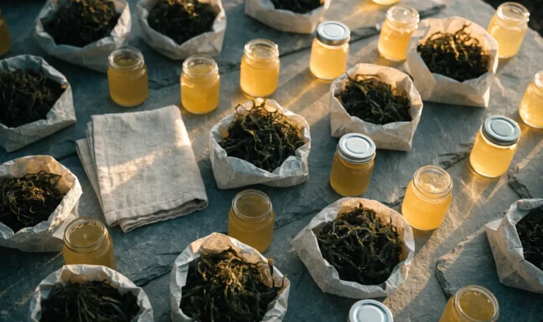 An unbranded market stall table of glass jars of golden gel and paper bags of dried seaweed under soft daylight, illustrating what stores sell sea moss.