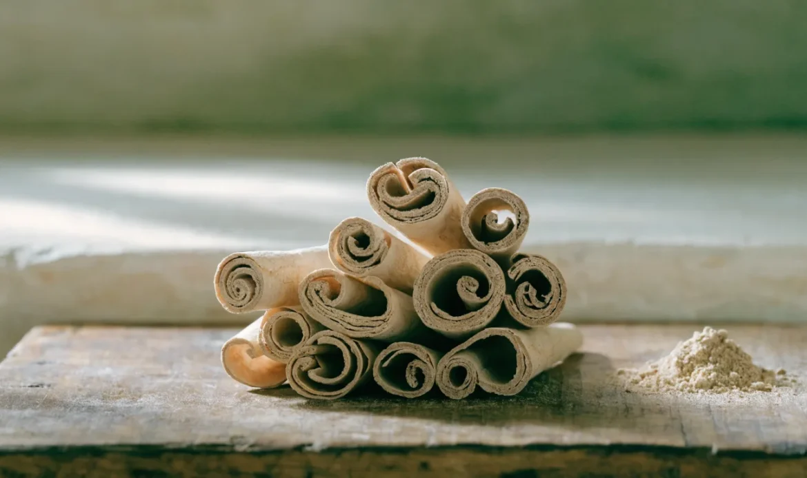A loose bundle of pale, fragile, many-layered Ceylon cinnamon quills on a rustic wooden board with a small heap of ground cinnamon, illustrating where can i buy ceylon cinnamon near me.