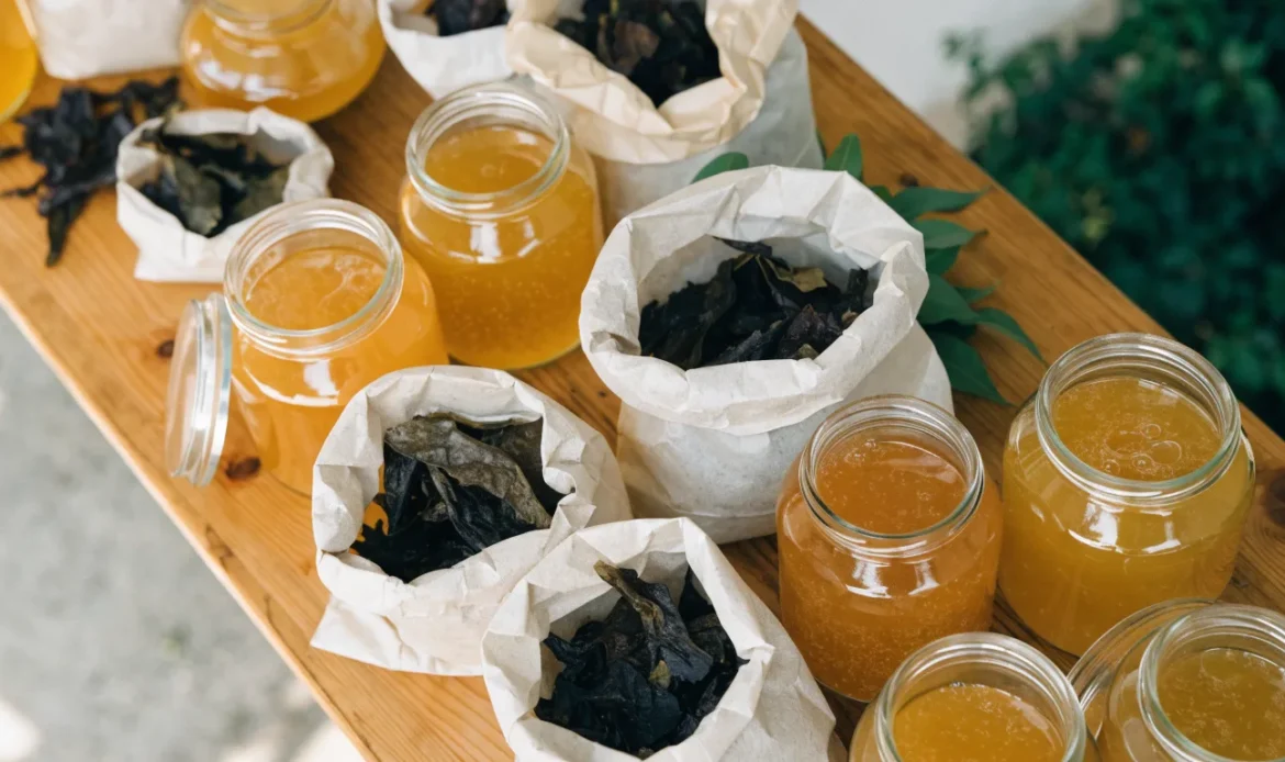 An unbranded market stall table of glass jars of golden gel and paper bags of dried seaweed under soft daylight, illustrating where can i find sea moss.