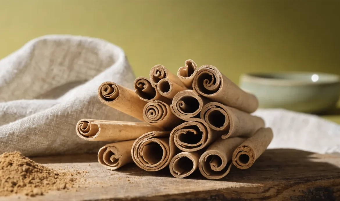 A loose bundle of pale, fragile, many-layered Ceylon cinnamon quills on a rustic wooden board with a small heap of ground cinnamon, illustrating where can i get ceylon cinnamon.