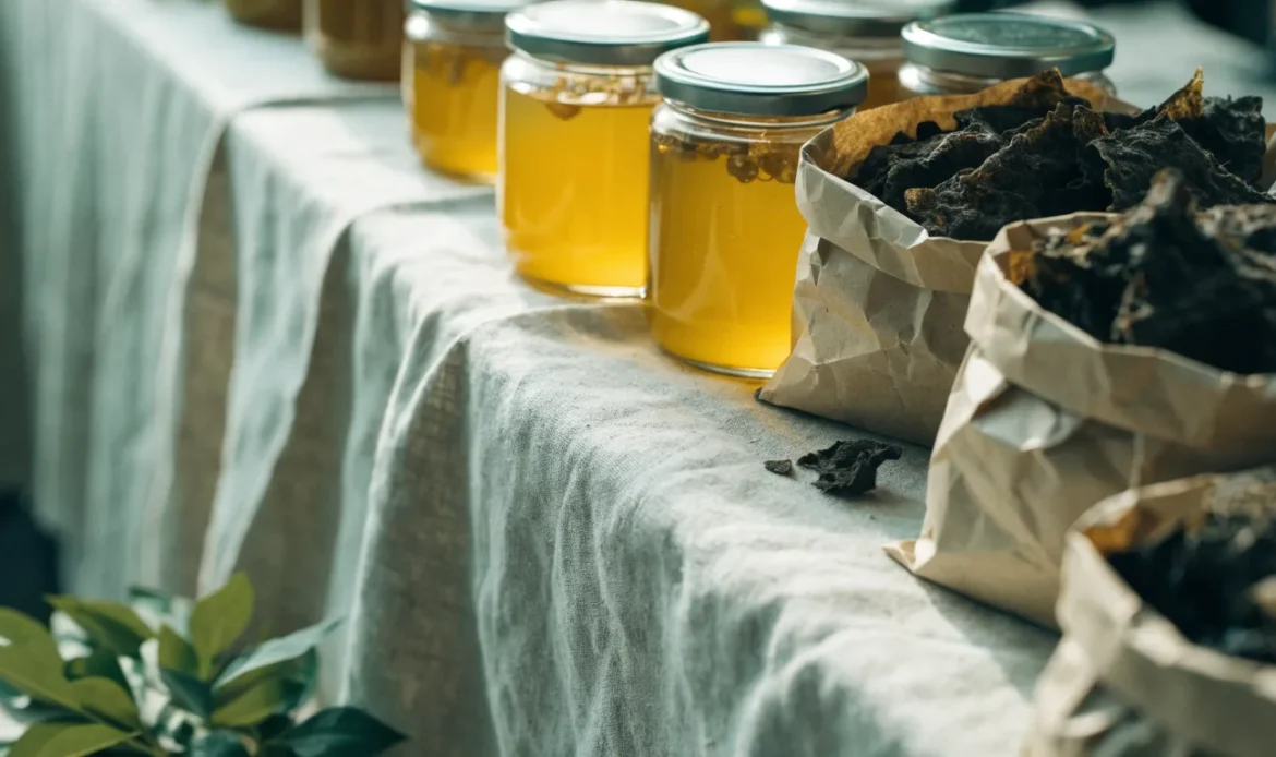 An unbranded market stall table of glass jars of golden gel and paper bags of dried seaweed under soft daylight, illustrating where can i purchase sea moss.
