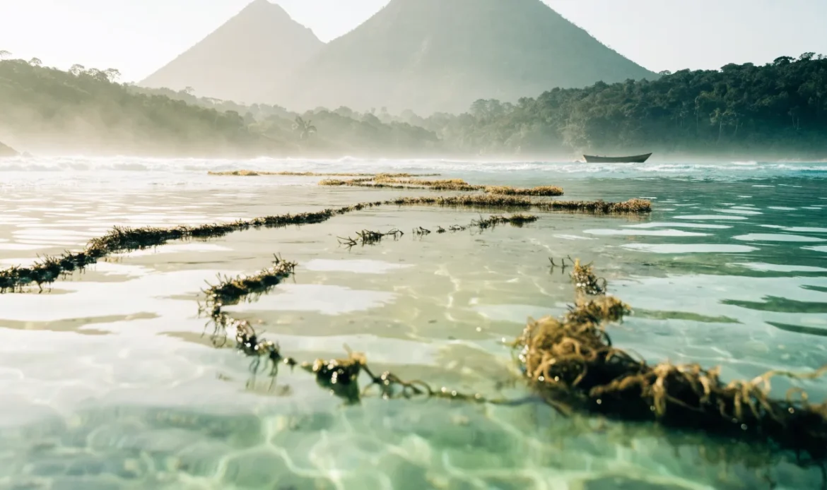 Turquoise Caribbean shallows with floating rope lines of wild sea moss, a small wooden boat, twin volcanic peaks and rainforest on the horizon, illustrating where does the best sea moss come from.
