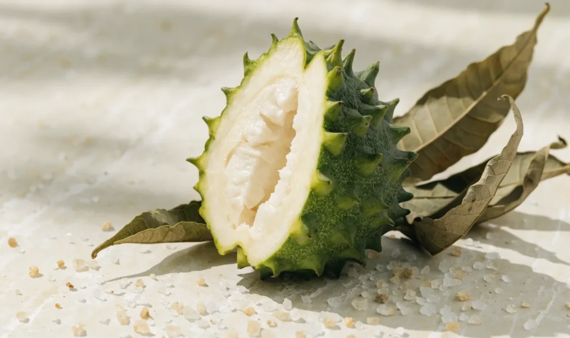 A whole green spiky soursop fruit cut open to show white flesh, with dried graviola leaves fanned beside it, illustrating where to buy graviola fruit.
