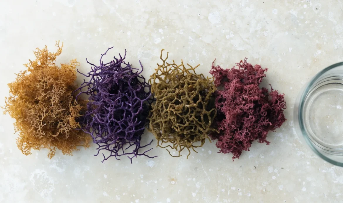 An overhead arrangement of four small piles of dried sea moss in gold, purple, green and reddish shades on a cream stone surface, illustrating where to buy raw sea moss.