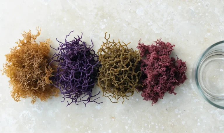 An overhead arrangement of four small piles of dried sea moss in gold, purple, green and reddish shades on a cream stone surface, illustrating where to buy raw sea moss.