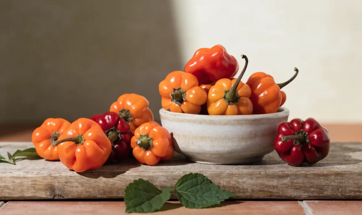 A bowl of glossy orange, red and yellow scotch bonnet peppers spilling onto a rustic wooden board, illustrating where to buy scotch bonnet.