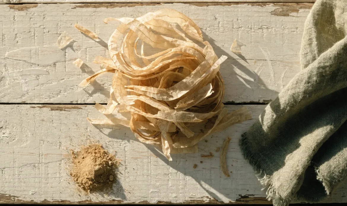 A loose bundle of pale, fragile, many-layered Ceylon cinnamon quills on a rustic wooden board with a small heap of ground cinnamon, illustrating where to find ceylon cinnamon.