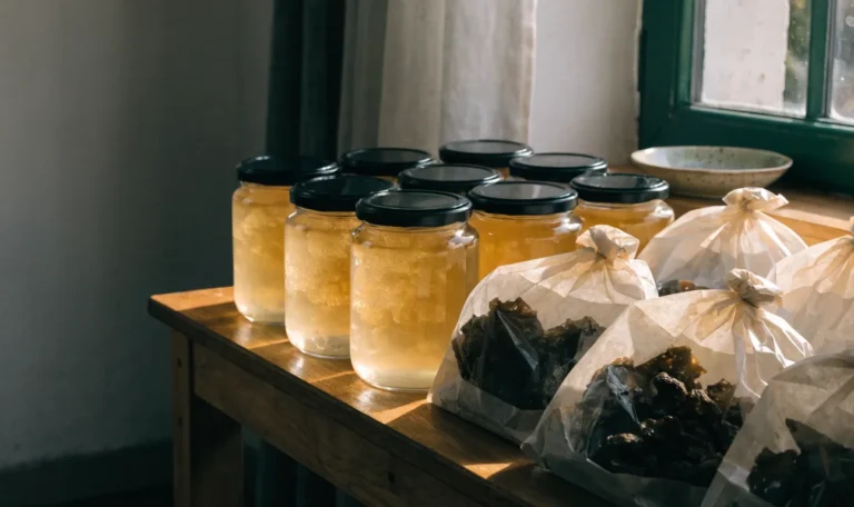 An unbranded market stall table of glass jars of golden gel and paper bags of dried seaweed under soft daylight, illustrating where to get sea moss.