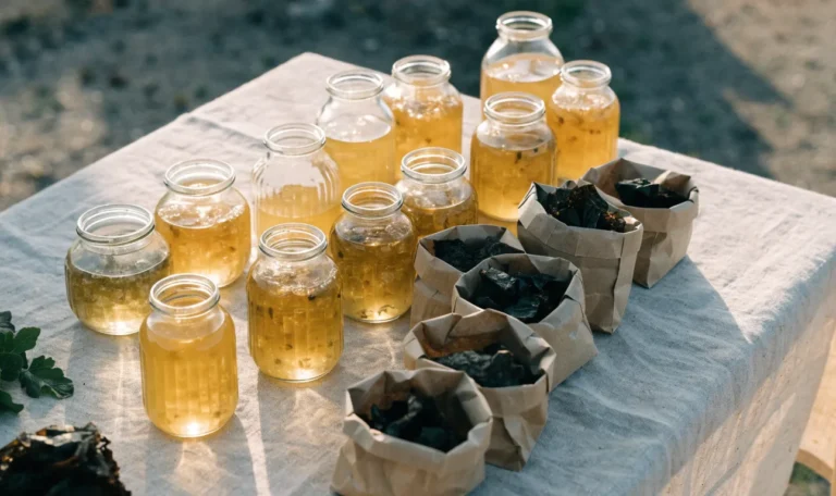 An unbranded market stall table of glass jars of golden gel and paper bags of dried seaweed under soft daylight, illustrating who sells sea moss near me.