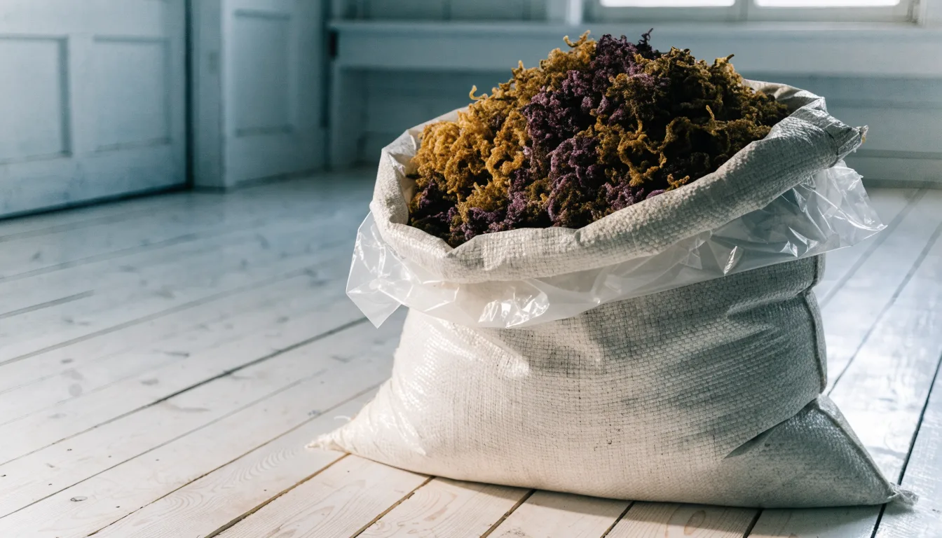 Dried full spectrum wholesale sea moss in an open lined export sack