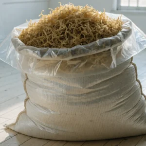 An open lined export sack filled with dried golden wildcrafted sea moss