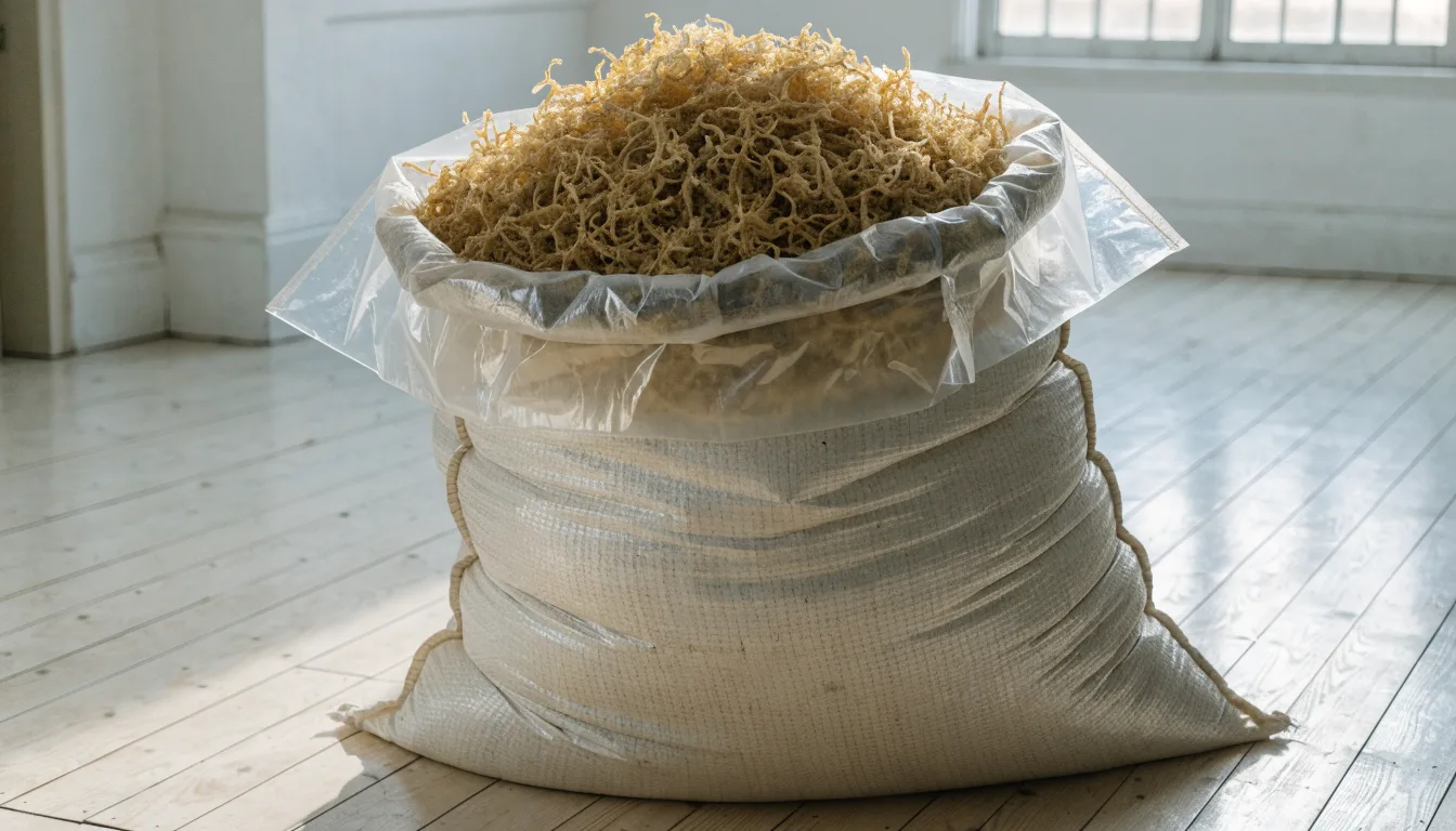 An open lined export sack filled with dried golden wildcrafted sea moss