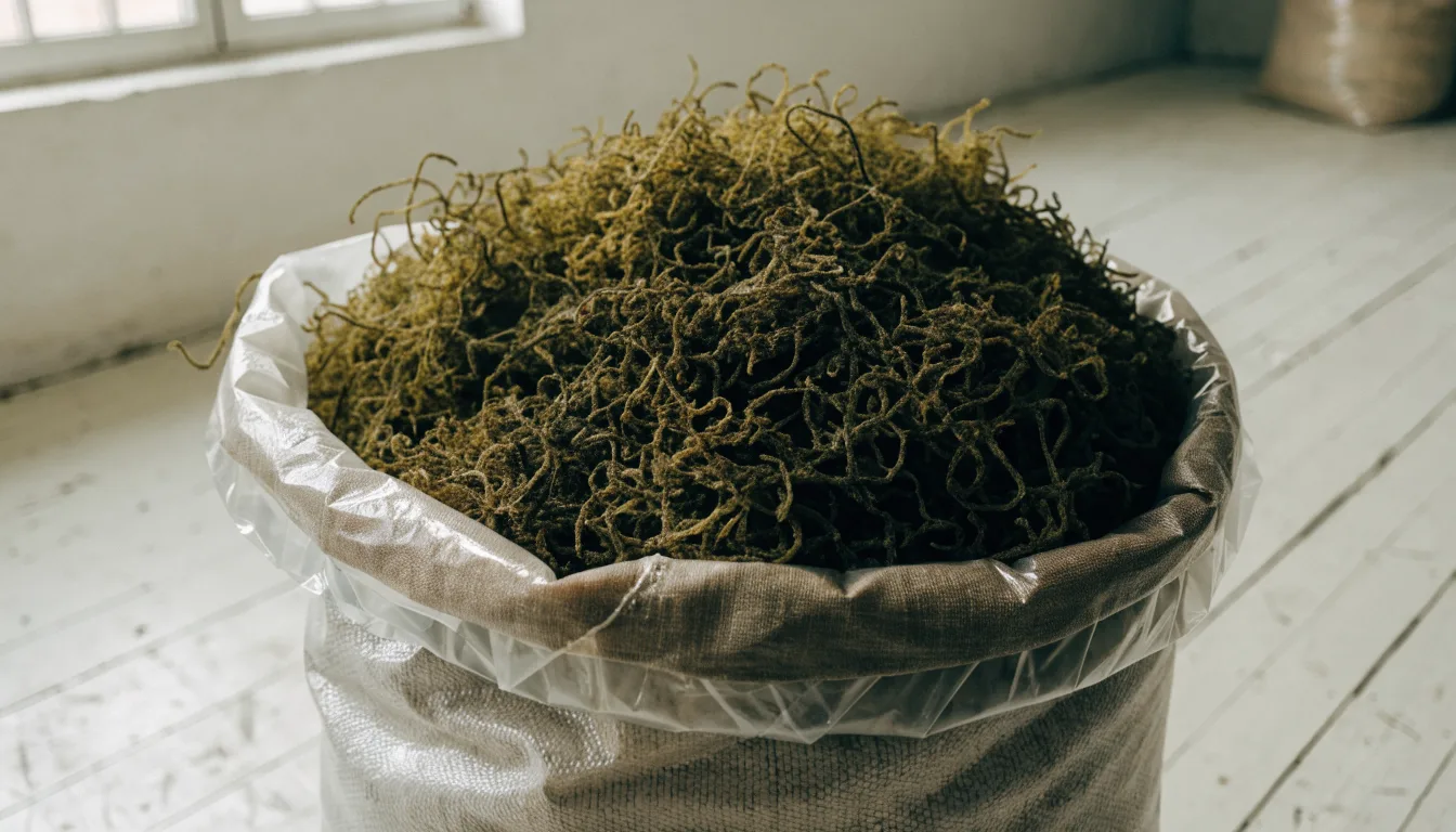 Dried green wholesale sea moss in an open lined export sack