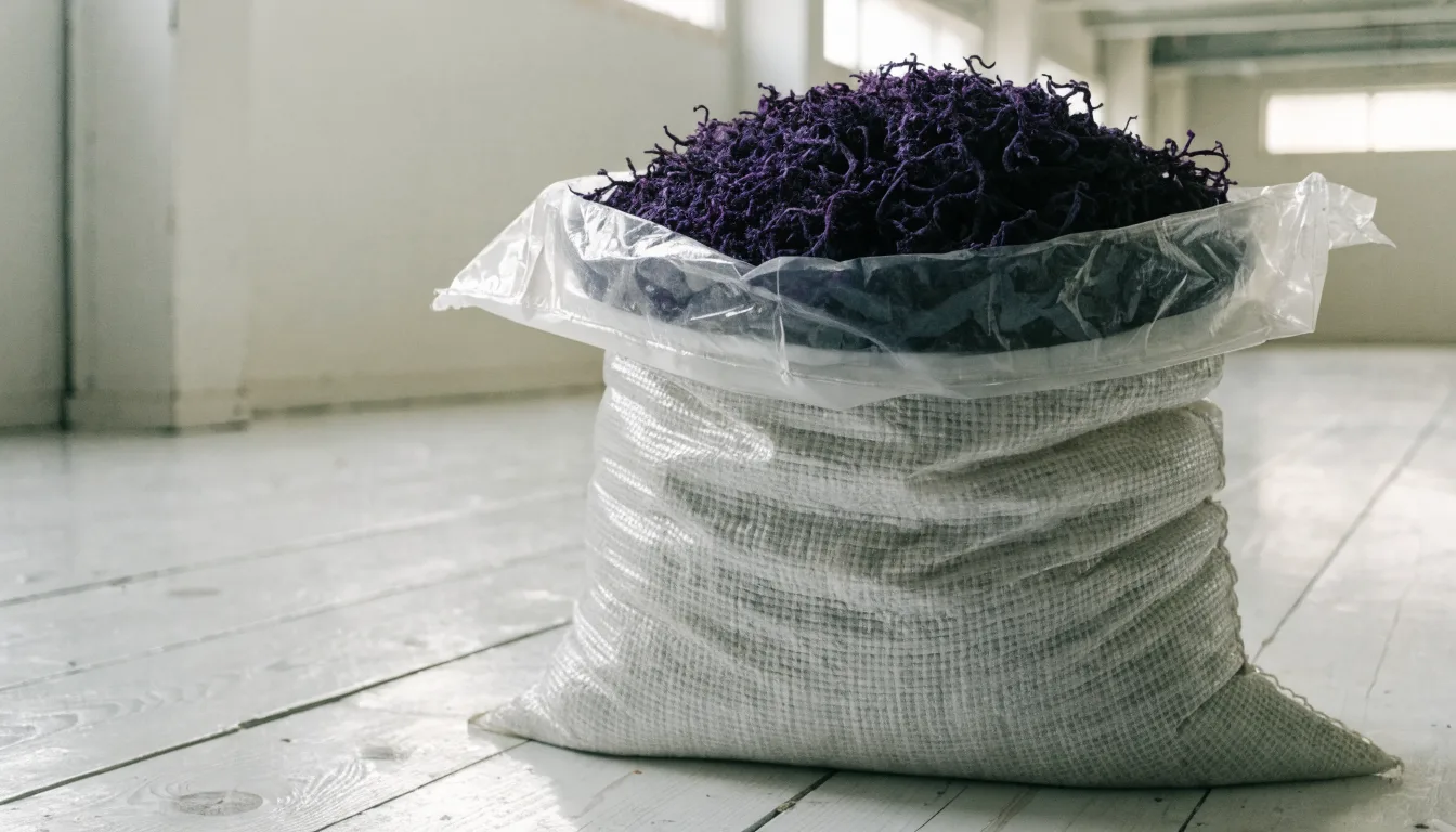An open lined export sack filled with dried deep purple wildcrafted sea moss