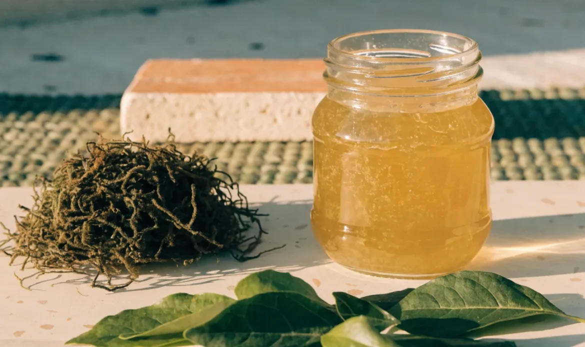 A still life of a glass jar of golden sea moss gel, a small pile of dried wildcrafted sea moss and fresh green leaves on a pale cream surface, illustrating why is sea moss good for you.