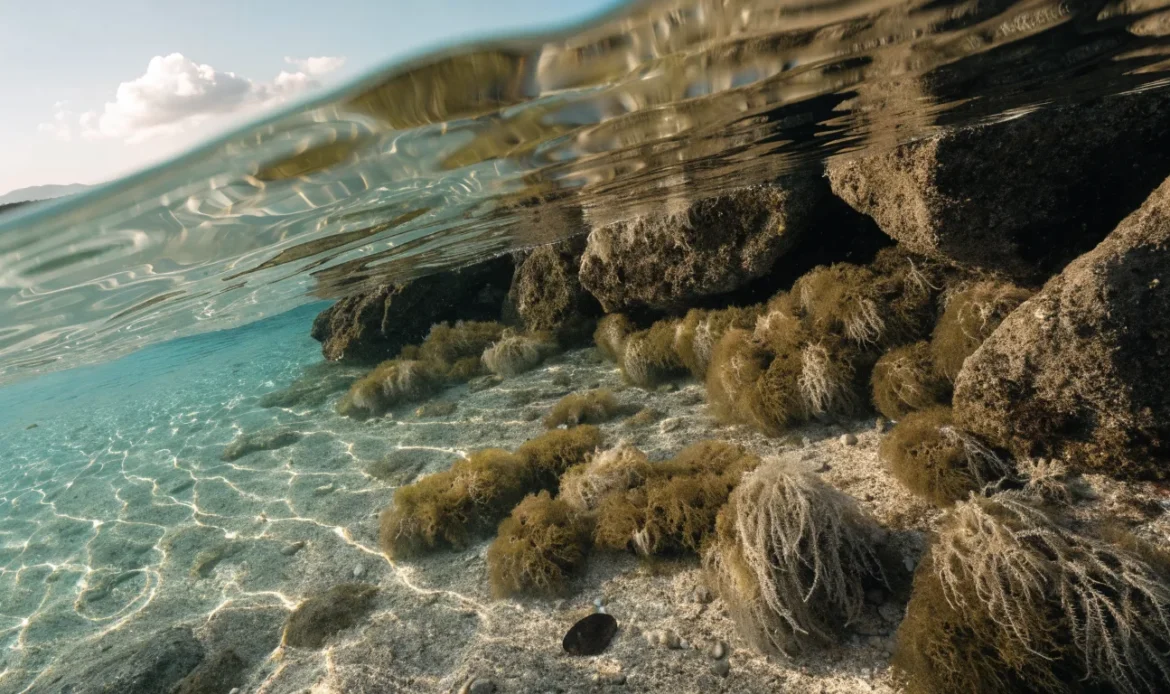 Wild sea moss growing on shallow rocky Caribbean seabed in clear turquoise water, sunlight rippling across it, illustrating wild crafted seamoss.