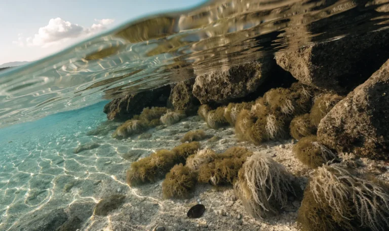 Wild sea moss growing on shallow rocky Caribbean seabed in clear turquoise water, sunlight rippling across it, illustrating wild crafted seamoss.