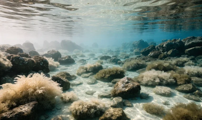 Wild sea moss growing on shallow rocky Caribbean seabed in clear turquoise water, sunlight rippling across it, illustrating wild harvested sea moss.