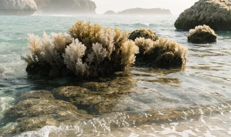 Wild sea moss growing on shallow rocky Caribbean seabed in clear turquoise water, sunlight rippling across it, illustrating wildcraft sea moss.
