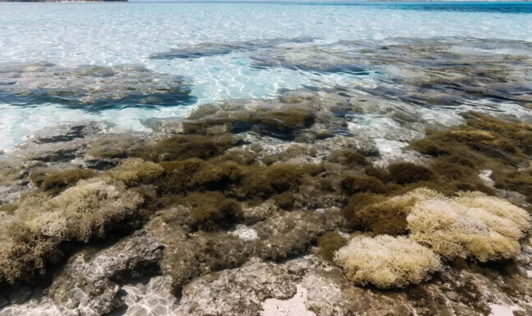 Wild sea moss growing on shallow rocky Caribbean seabed in clear turquoise water, sunlight rippling across it, illustrating wildcrafted sea moss.